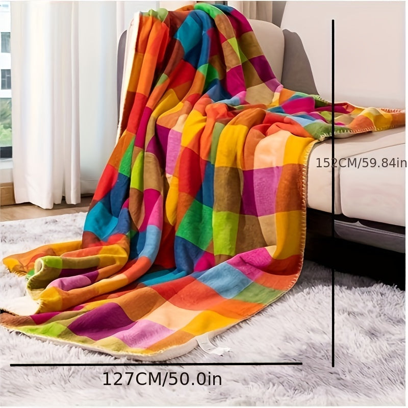 Double-Sided Thick Coral Fleece and Sherpa Blanket with Colorful Plaid Pattern
