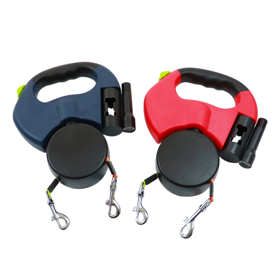 Dual Retractable Dog Leash with Flashlight and Poop Bag Dispenser