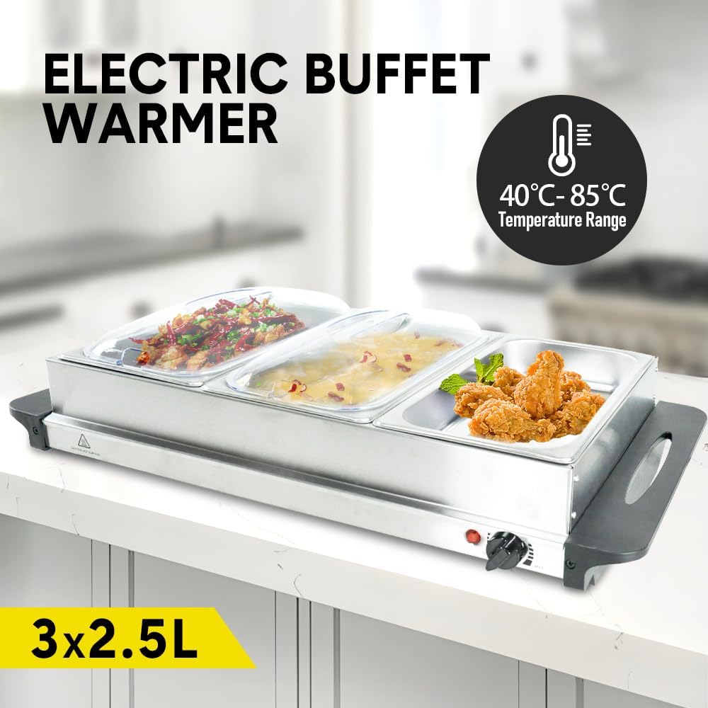 Electric Buffet Food Warmer with 3 x 2.5L Trays and Adjustable Temperature