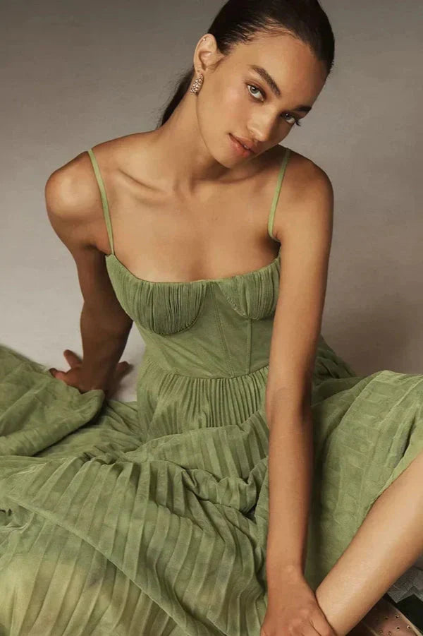 Pleated A-Line Bustier Midi Dress with Spaghetti Straps