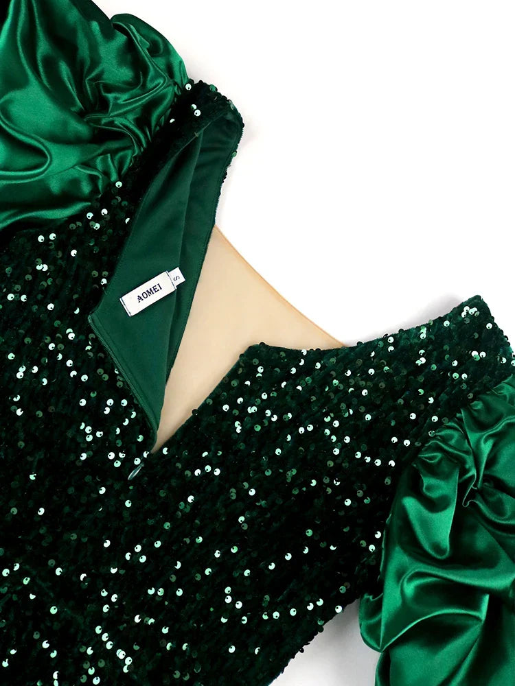 Shiny Puff Sleeve Vintage Plus Size Dress
