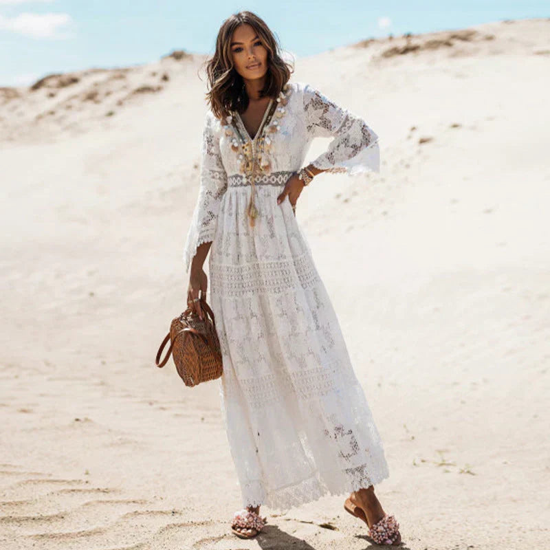 Women's Flowy Long-Sleeve Boho Maxi Dress