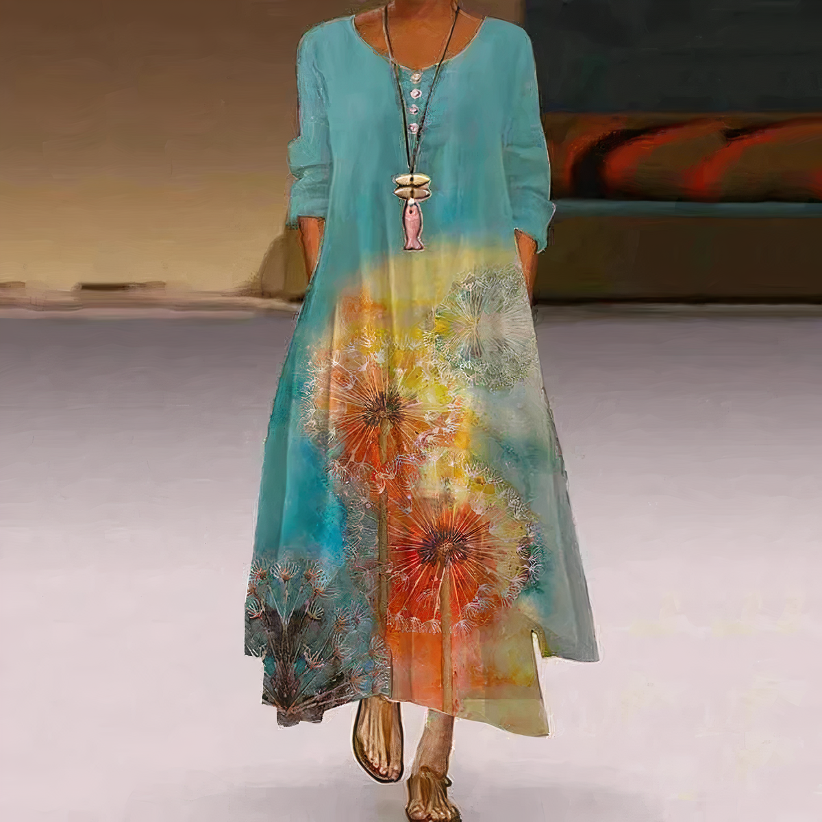 Women's Long-Sleeve Asymmetric Hem Midi Dress