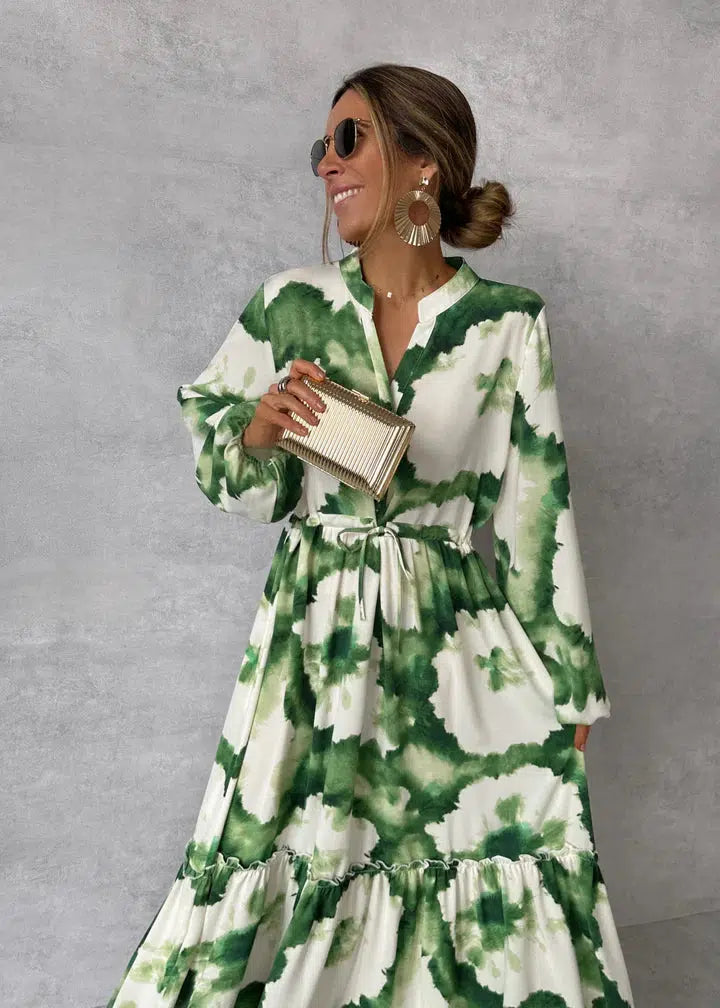 Women's Tie-Dye Maxi Dress with Mandarin Collar