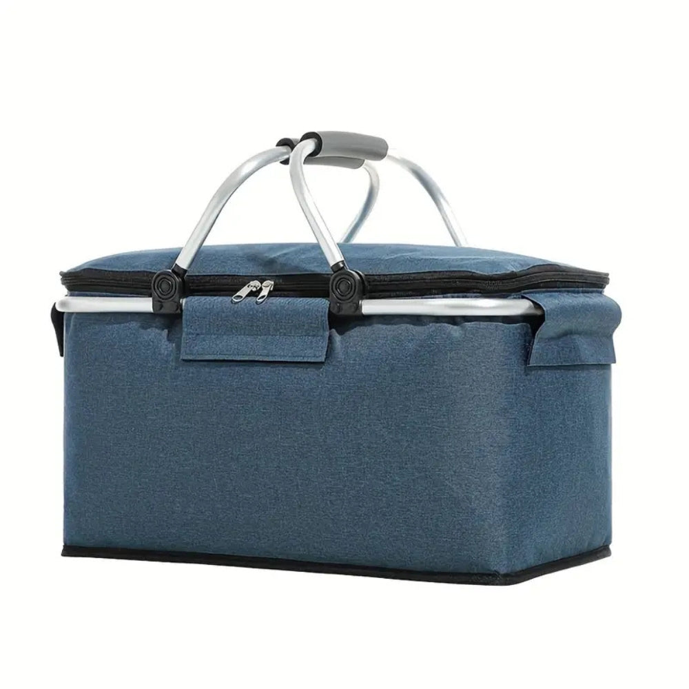 18L Collapsible Picnic Basket - Waterproof Oxford Fabric - Aluminum Frame - Black, Grey & Blue
