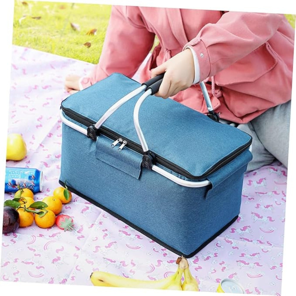 18L Collapsible Picnic Basket - Waterproof Oxford Fabric - Aluminum Frame - Black, Grey & Blue