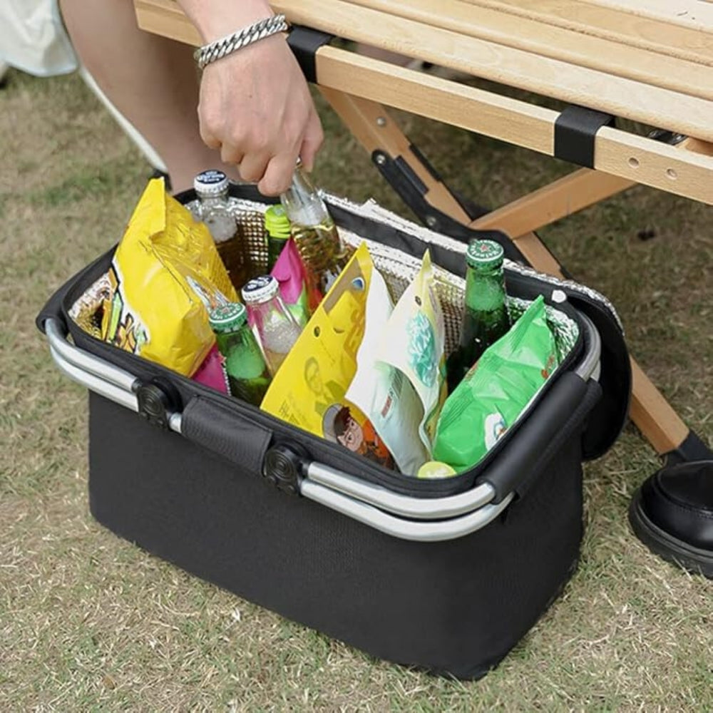 18L Collapsible Picnic Basket - Waterproof Oxford Fabric - Aluminum Frame - Black, Grey & Blue