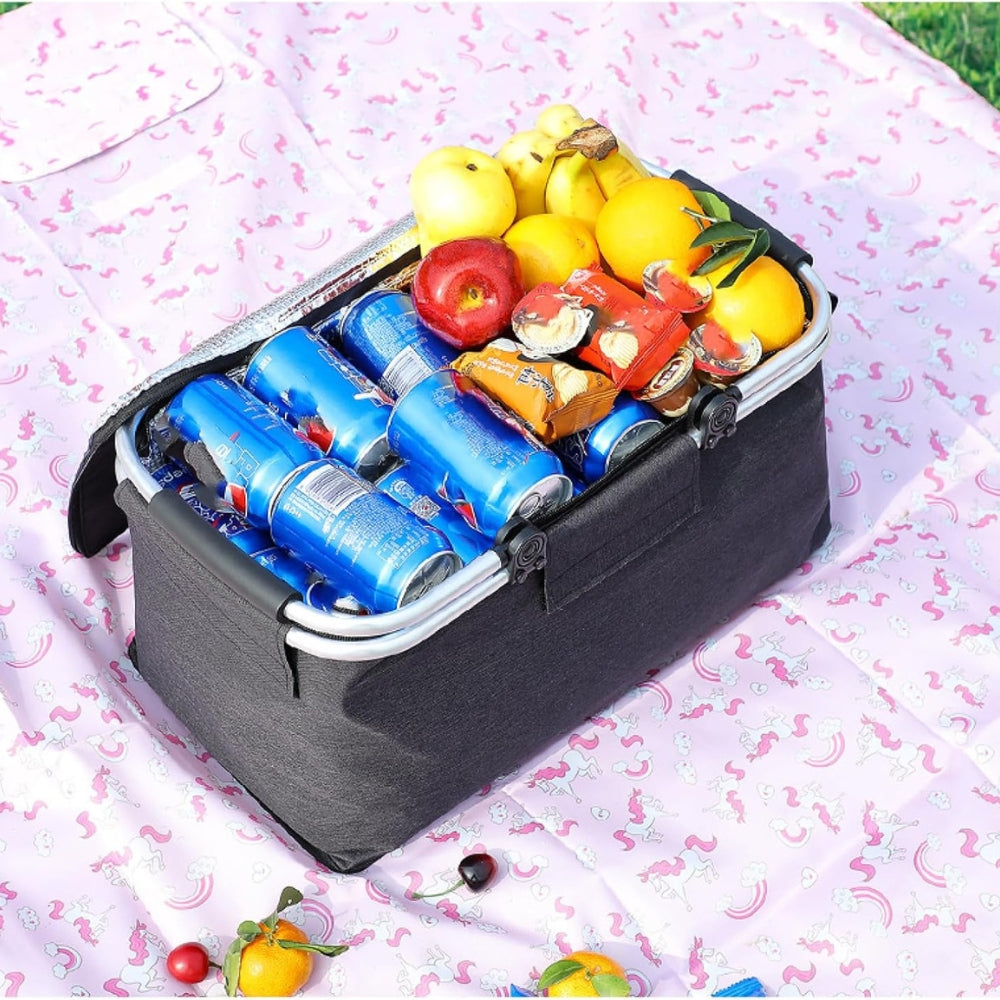 18L Collapsible Picnic Basket - Waterproof Oxford Fabric - Aluminum Frame - Black, Grey & Blue