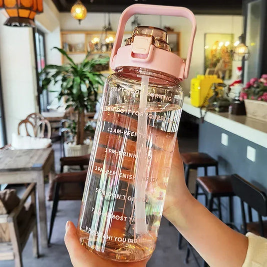 2L Portable Water Bottle with Straw and Time Markers for Sports & Fitness