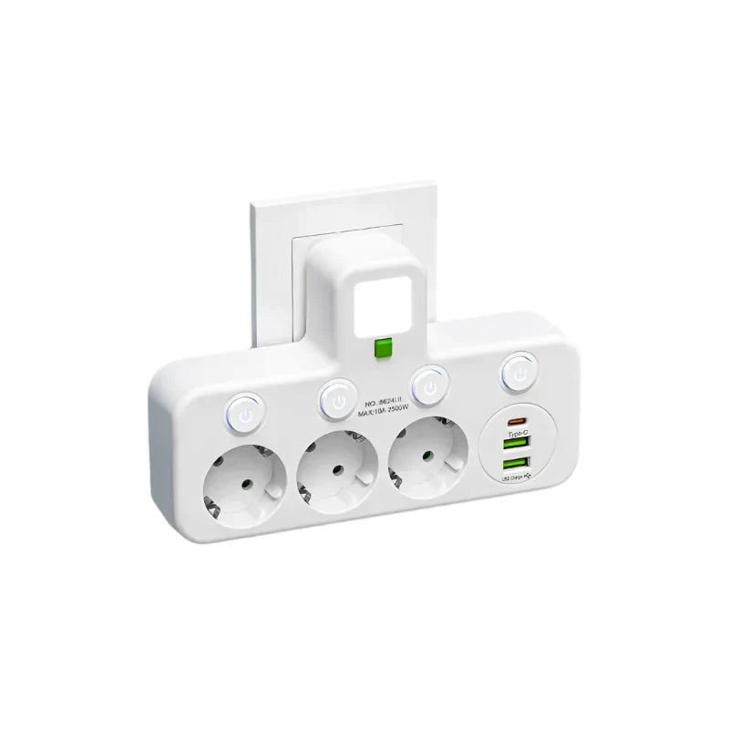 3–4 Outlet Adapter with 2x USB & 1x Type-C | 2500W | Surge Protection & Control Switch