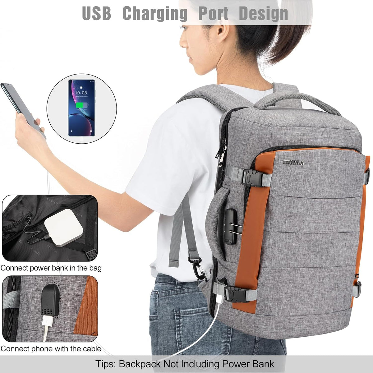 40L Water-Resistant Travel Laptop Backpack with USB Port & Anti-Theft Lock