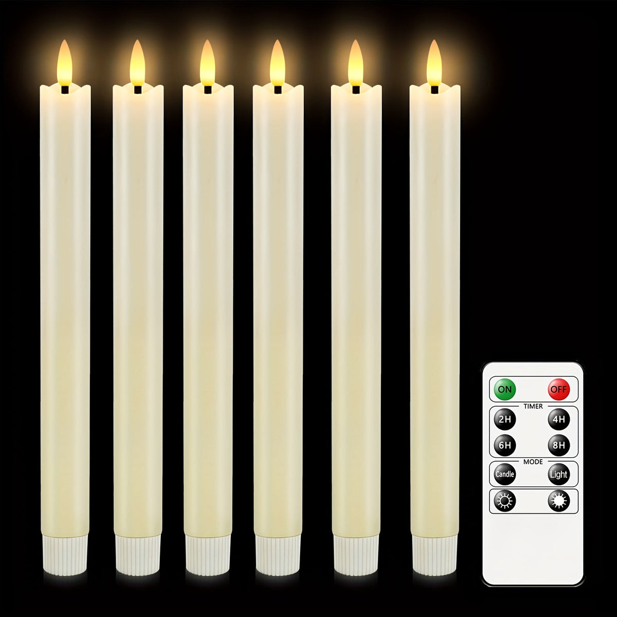 6-Pack Real Wax Flameless Taper Candles with Remote Control - Ivory White LED Candles for Table and Wedding Decoration