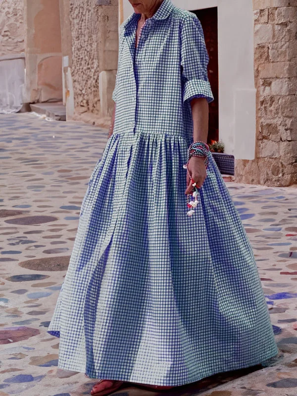 Casual Plaid Long Sleeve Swing Dress