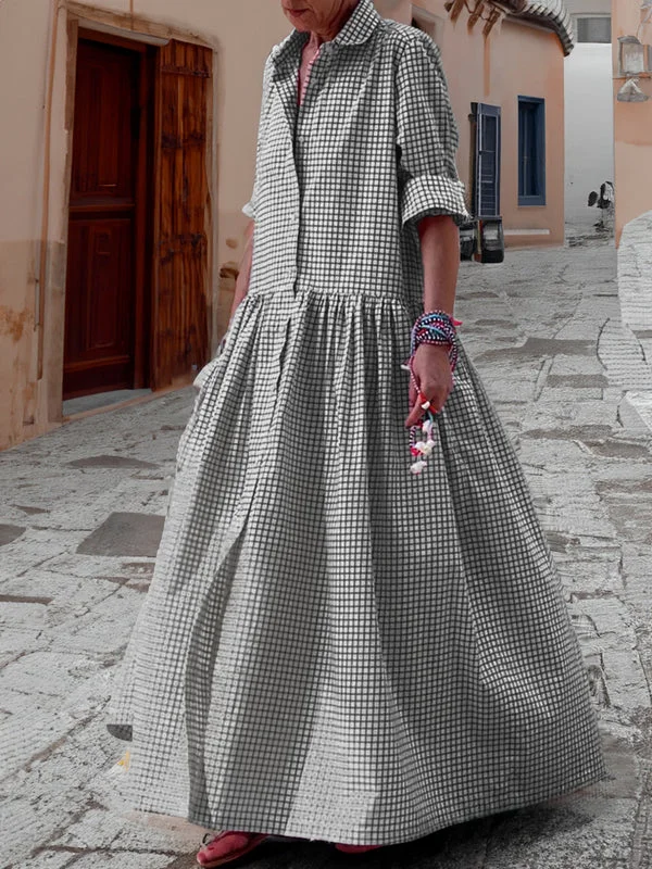 Casual Plaid Long Sleeve Swing Dress