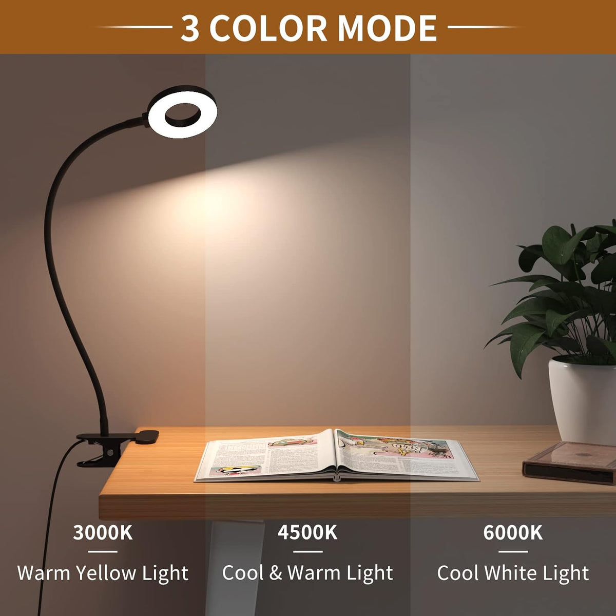 Clip-On LED Desk Lamp with Flexible Gooseneck and 3 Color Modes