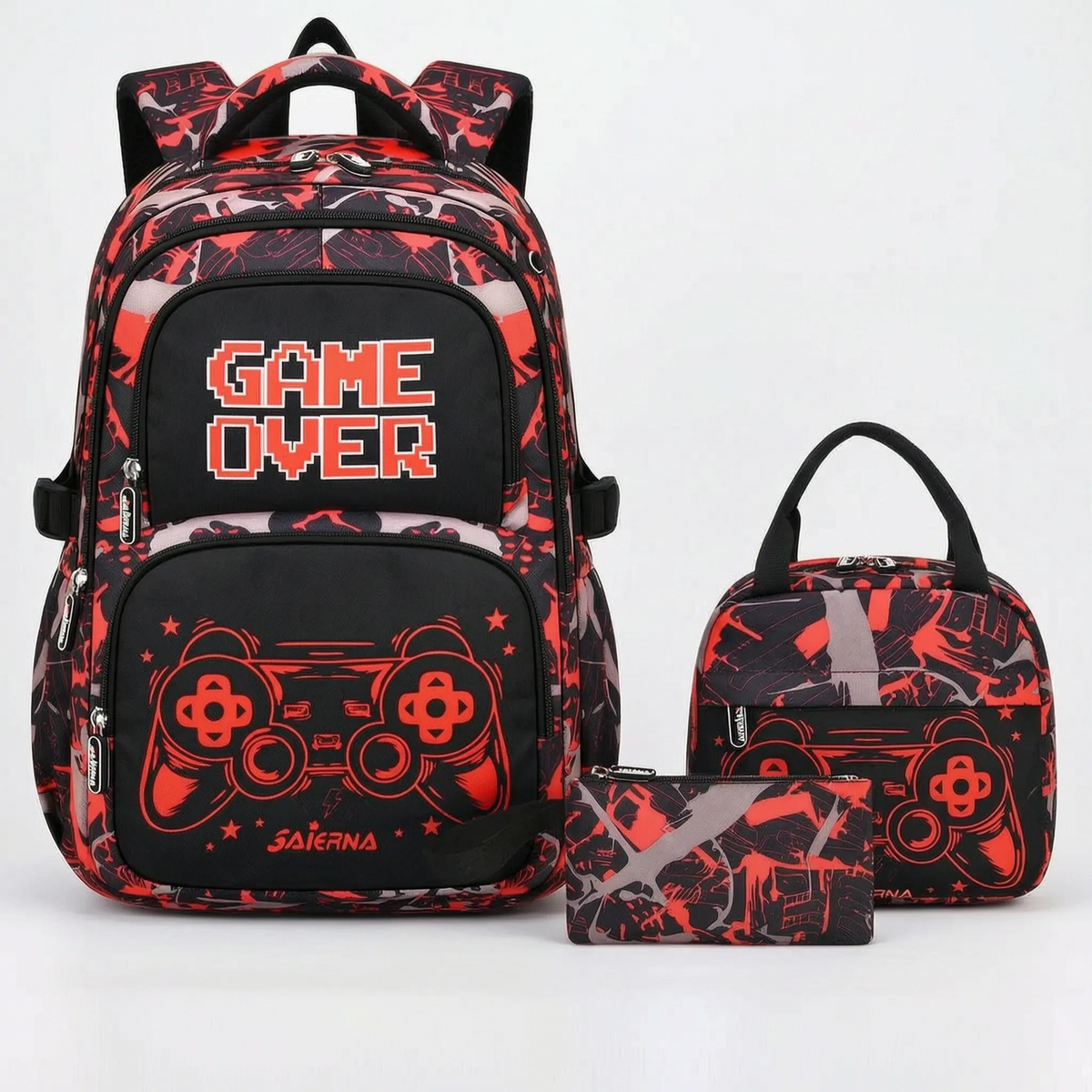 Complete Three-Piece School Backpack Set with Gaming Print - Luminoz