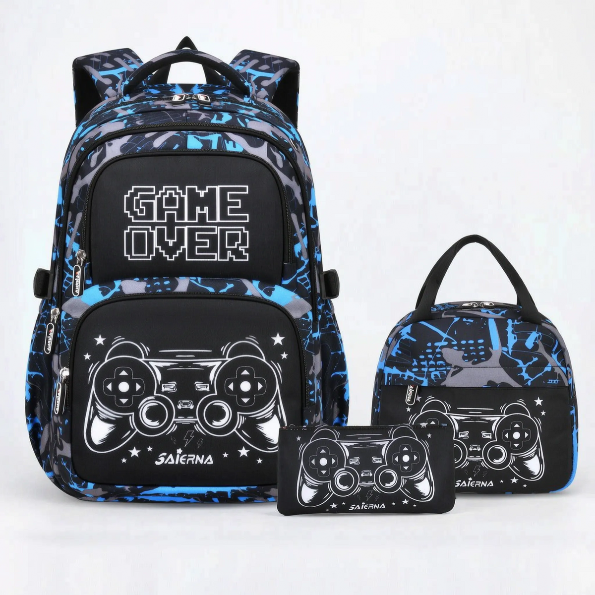 Complete Three-Piece School Backpack Set with Gaming Print - Luminoz