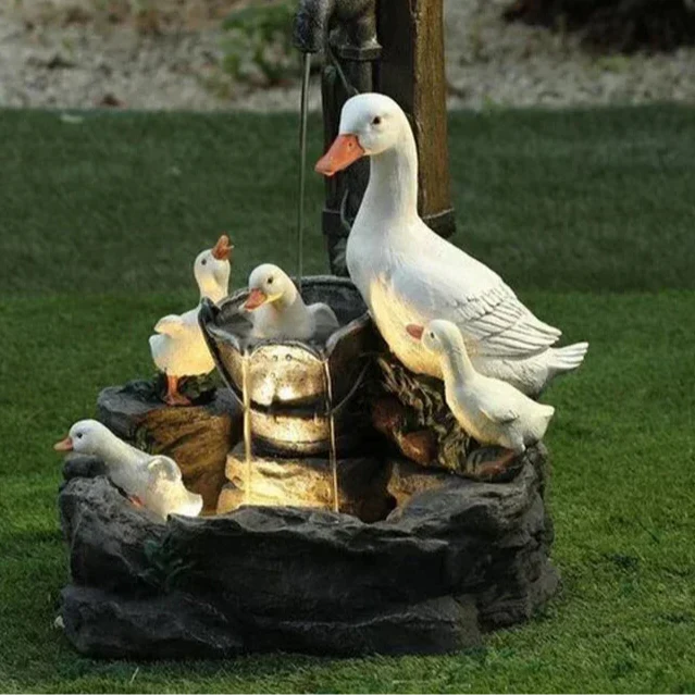 Decorative Solar Duck & Squirrel Water Fountain | Garden Statue with LED Light | Weather-Resistant Resin | For Patio & Balcony