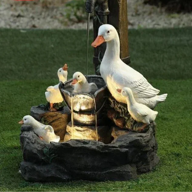 Decorative Solar Duck & Squirrel Water Fountain | Garden Statue with LED Light | Weather-Resistant Resin | For Patio & Balcony
