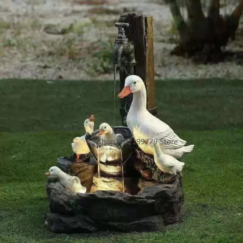 Decorative Solar Duck & Squirrel Water Fountain | Garden Statue with LED Light | Weather-Resistant Resin | For Patio & Balcony