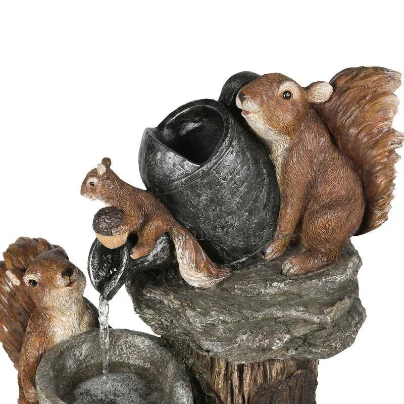 Decorative Solar Duck & Squirrel Water Fountain | Garden Statue with LED Light | Weather-Resistant Resin | For Patio & Balcony