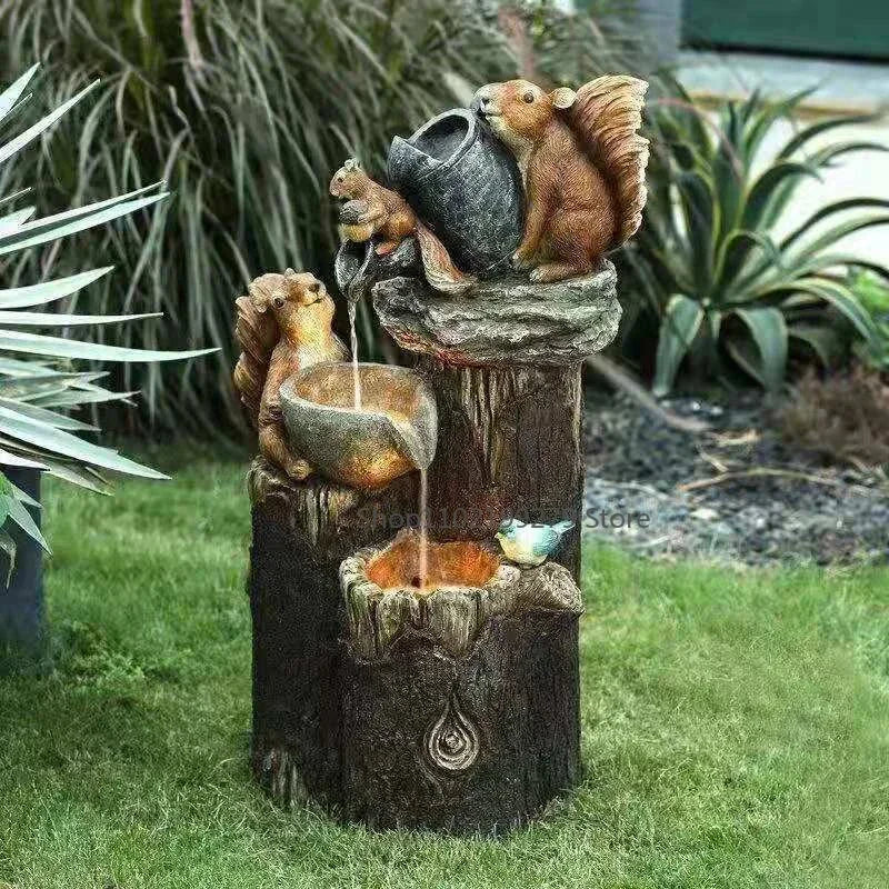 Decorative Solar Duck & Squirrel Water Fountain | Garden Statue with LED Light | Weather-Resistant Resin | For Patio & Balcony
