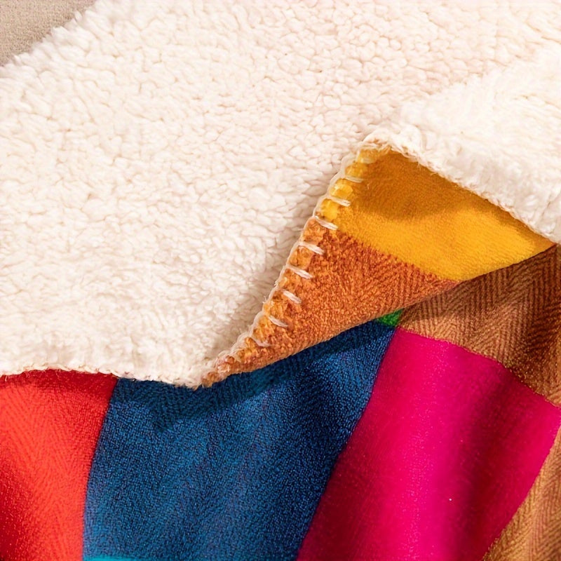 Double-Sided Thick Coral Fleece and Sherpa Blanket with Colorful Plaid Pattern