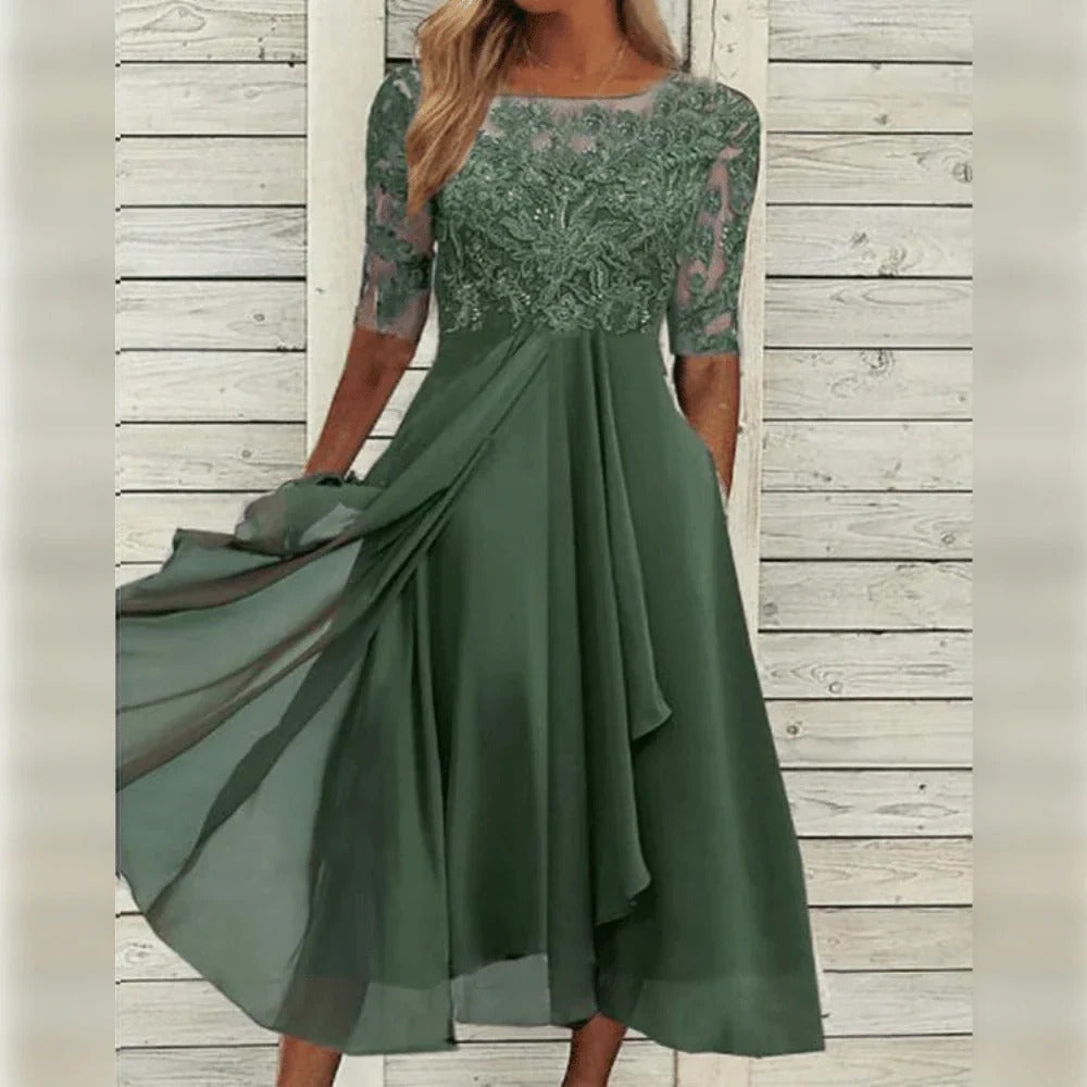 Elegant Midi Dress with Detail and Flowy Skirt for Formal Occasions
