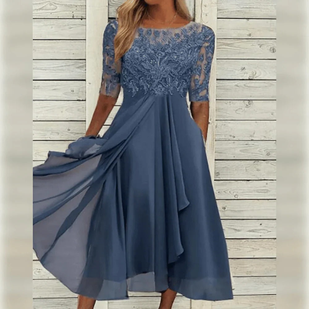 Elegant Midi Dress with Detail and Flowy Skirt for Formal Occasions