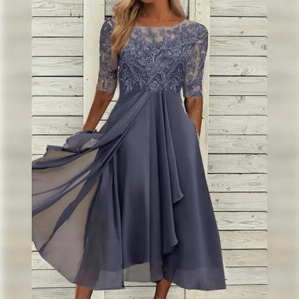 Elegant Midi Dress with Detail and Flowy Skirt for Formal Occasions
