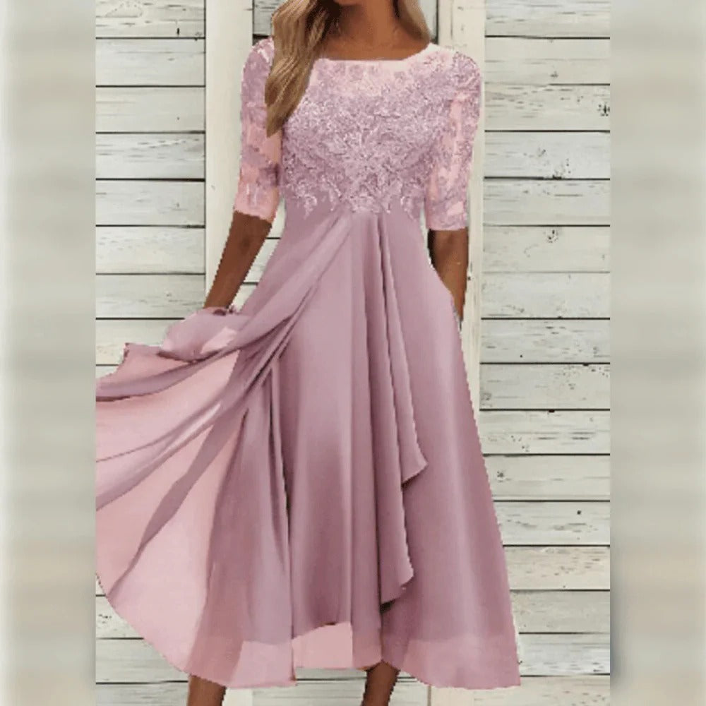 Elegant Midi Dress with Detail and Flowy Skirt for Formal Occasions
