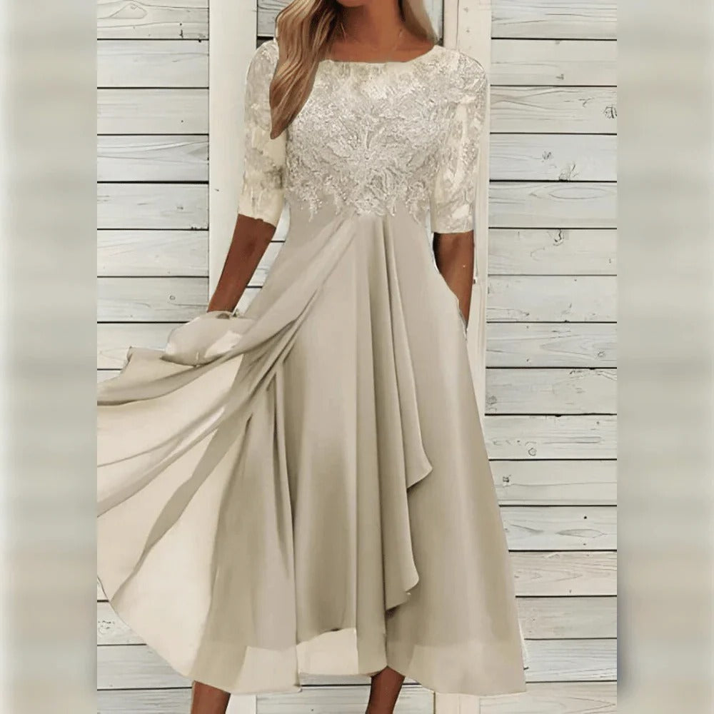 Elegant Midi Dress with Detail and Flowy Skirt for Formal Occasions