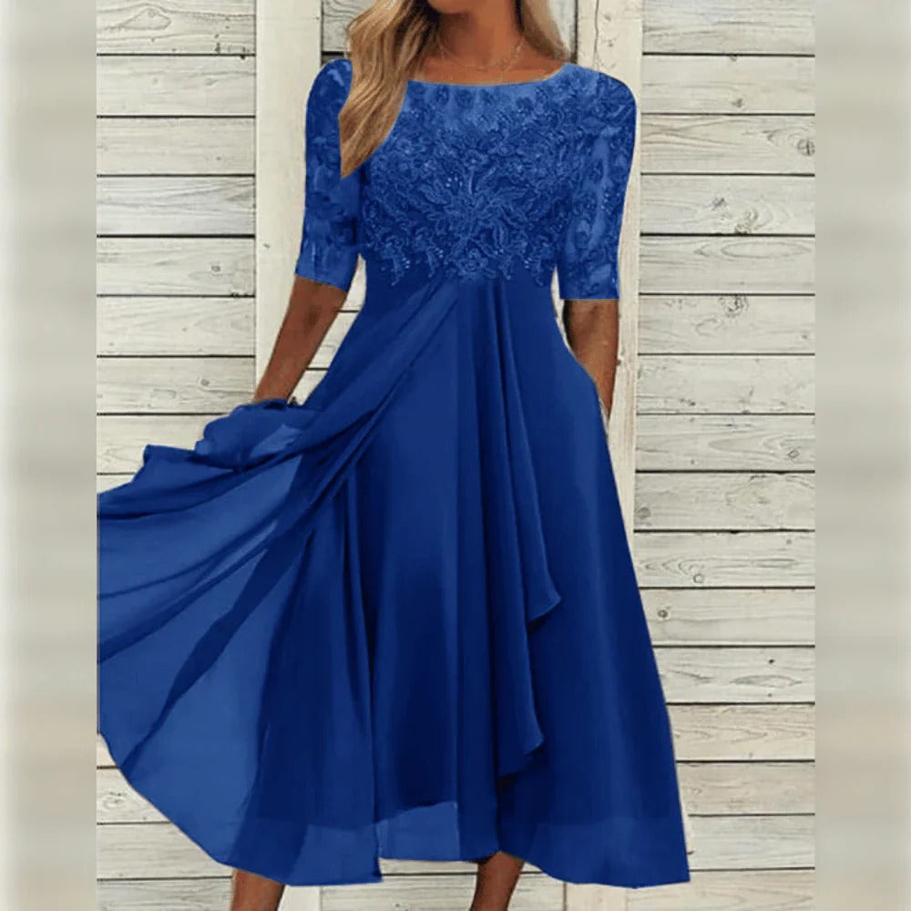 Elegant Midi Dress with Detail and Flowy Skirt for Formal Occasions