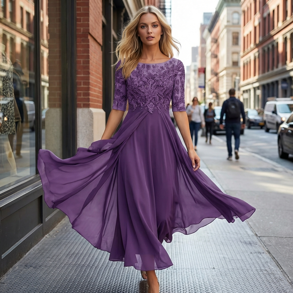Elegant Midi Dress with Detail and Flowy Skirt for Formal Occasions