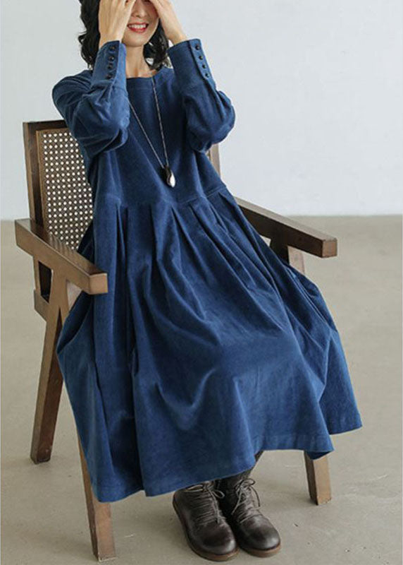 French Blue Patchwork Fall Dress with Pockets and Buttons