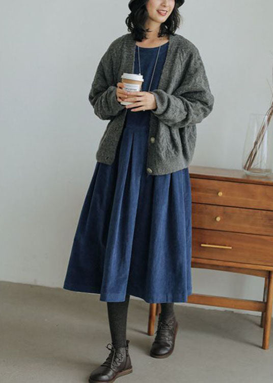 French Blue Patchwork Fall Dress with Pockets and Buttons