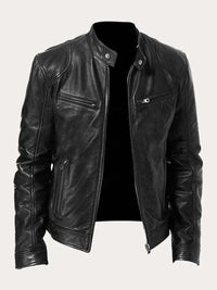 Men's Classic Zip-Up Biker Jacket with Stand Collar