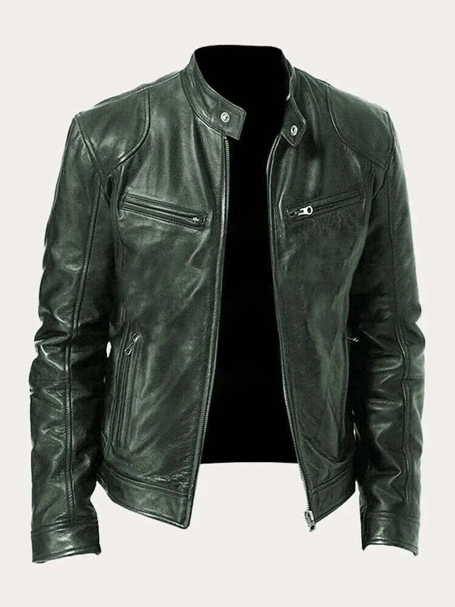 Men's Classic Zip-Up Biker Jacket with Stand Collar