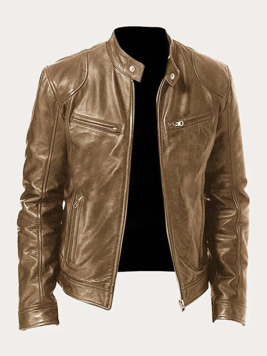 Men's Classic Zip-Up Biker Jacket with Stand Collar