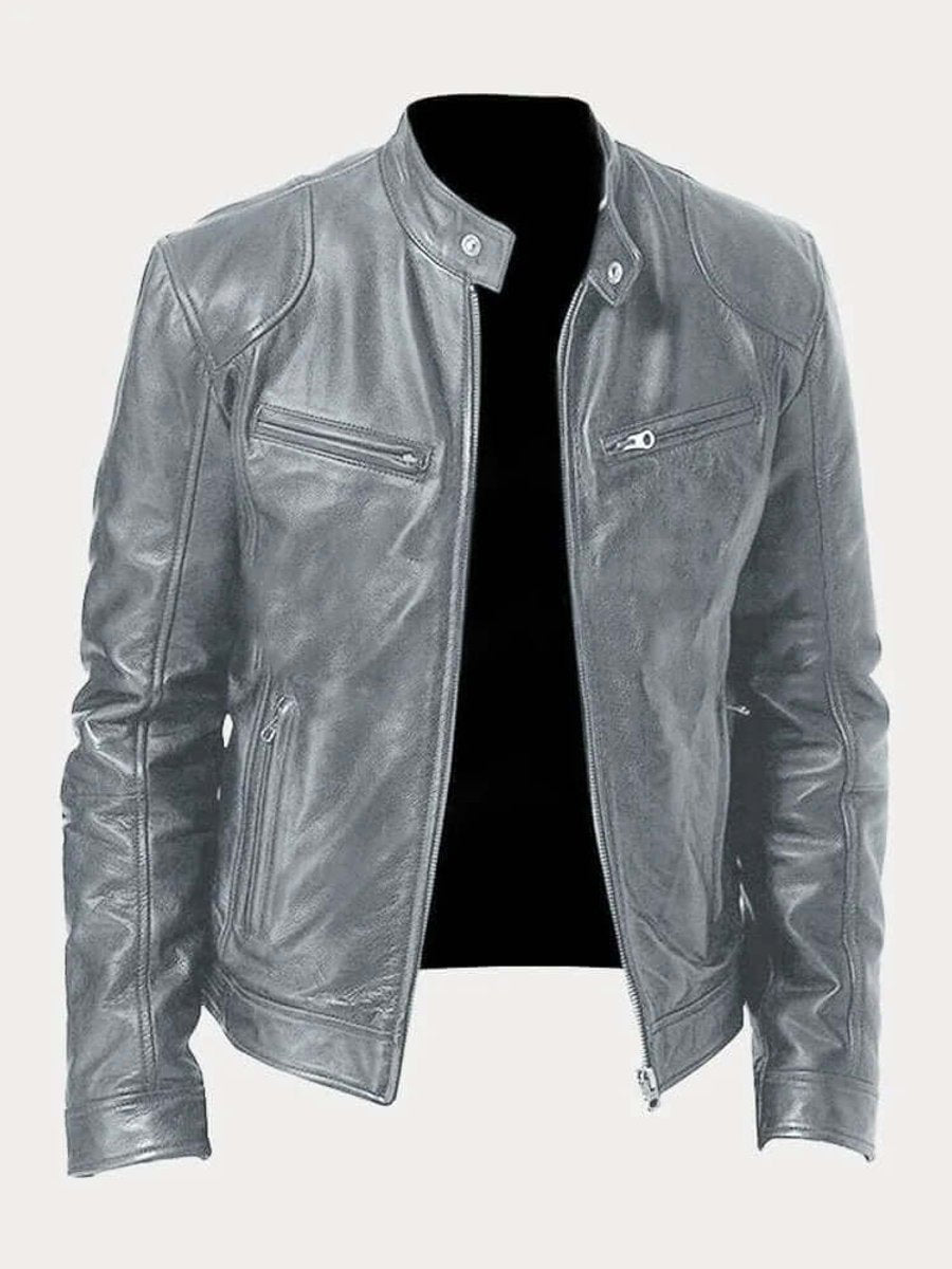 Men's Classic Zip-Up Biker Jacket with Stand Collar
