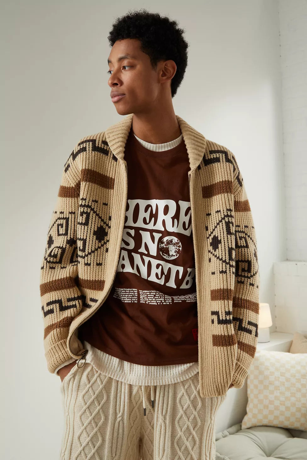Men's Vintage Jacquard Zip-Up Cardigan