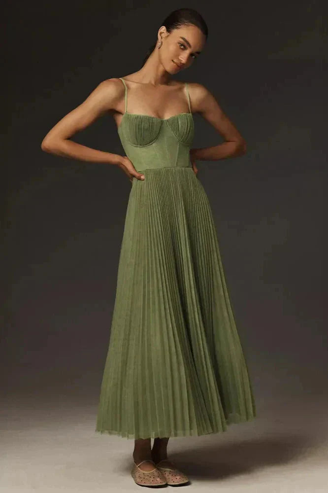 Pleated A-Line Bustier Midi Dress with Spaghetti Straps