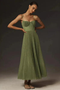 Pleated A-Line Bustier Midi Dress with Spaghetti Straps
