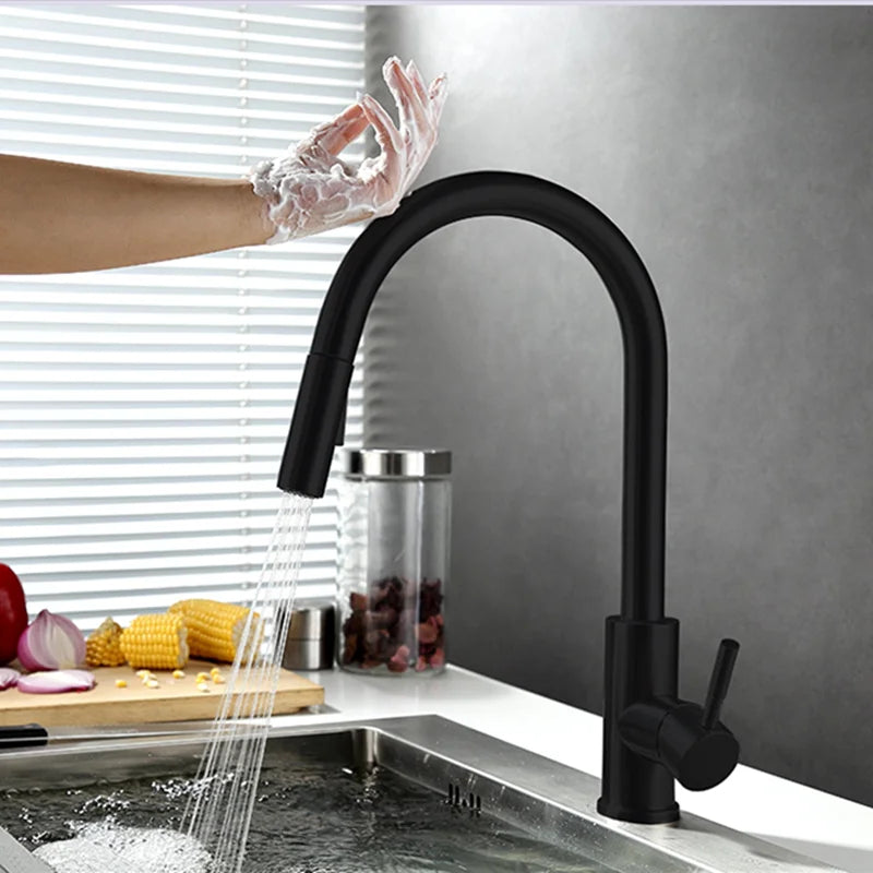 Pull-Out Kitchen Mixer Tap – Touchless Sensor Tap with Flexible Spout | Modern Brass Faucet