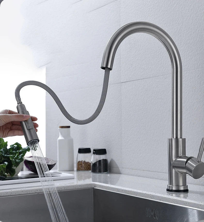 Pull-Out Kitchen Mixer Tap – Touchless Sensor Tap with Flexible Spout | Modern Brass Faucet