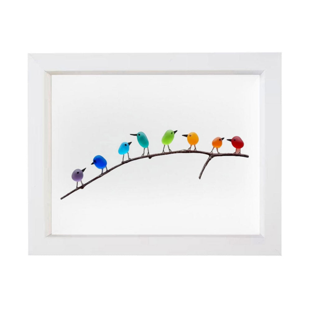 Sea Glass Birds on Driftwood Framed Wall Art Coastal Display