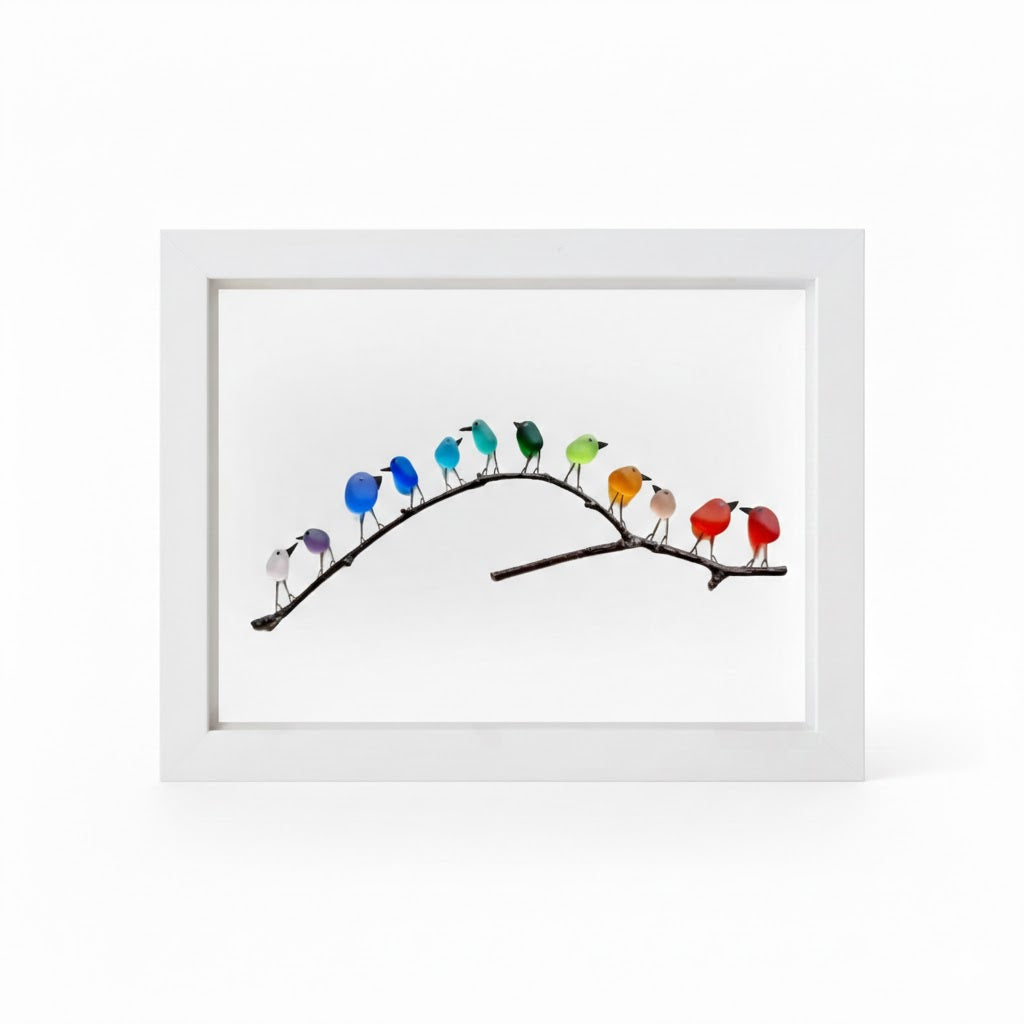 Sea Glass Birds on Driftwood Framed Wall Art Coastal Display