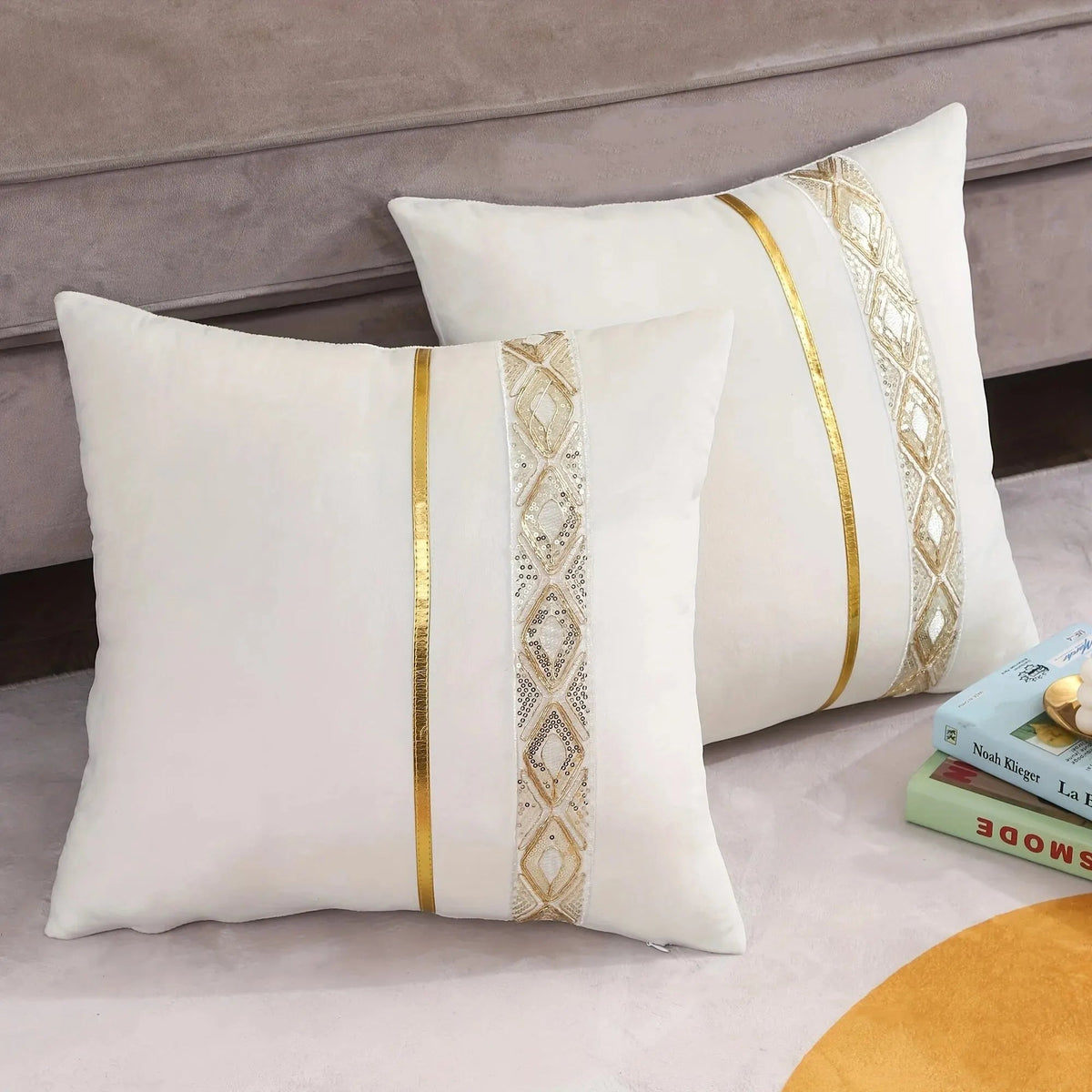 Shiny Decorative Cushion Cover with Sequins and Gold Stripes
