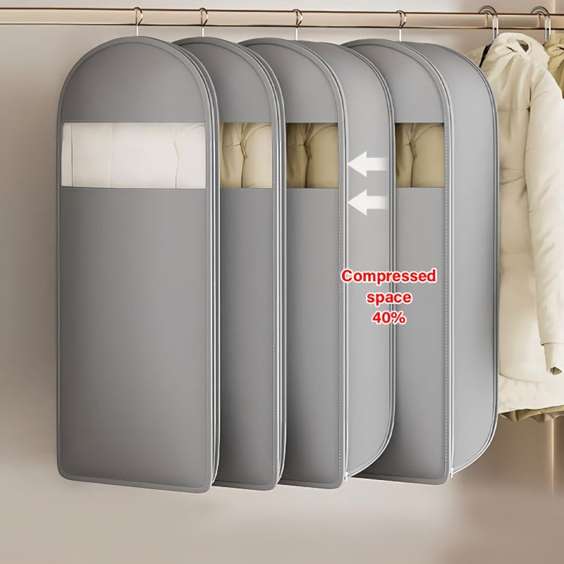 Space-Saving Hanging Garment Bag with Self-Compressing Zipper
