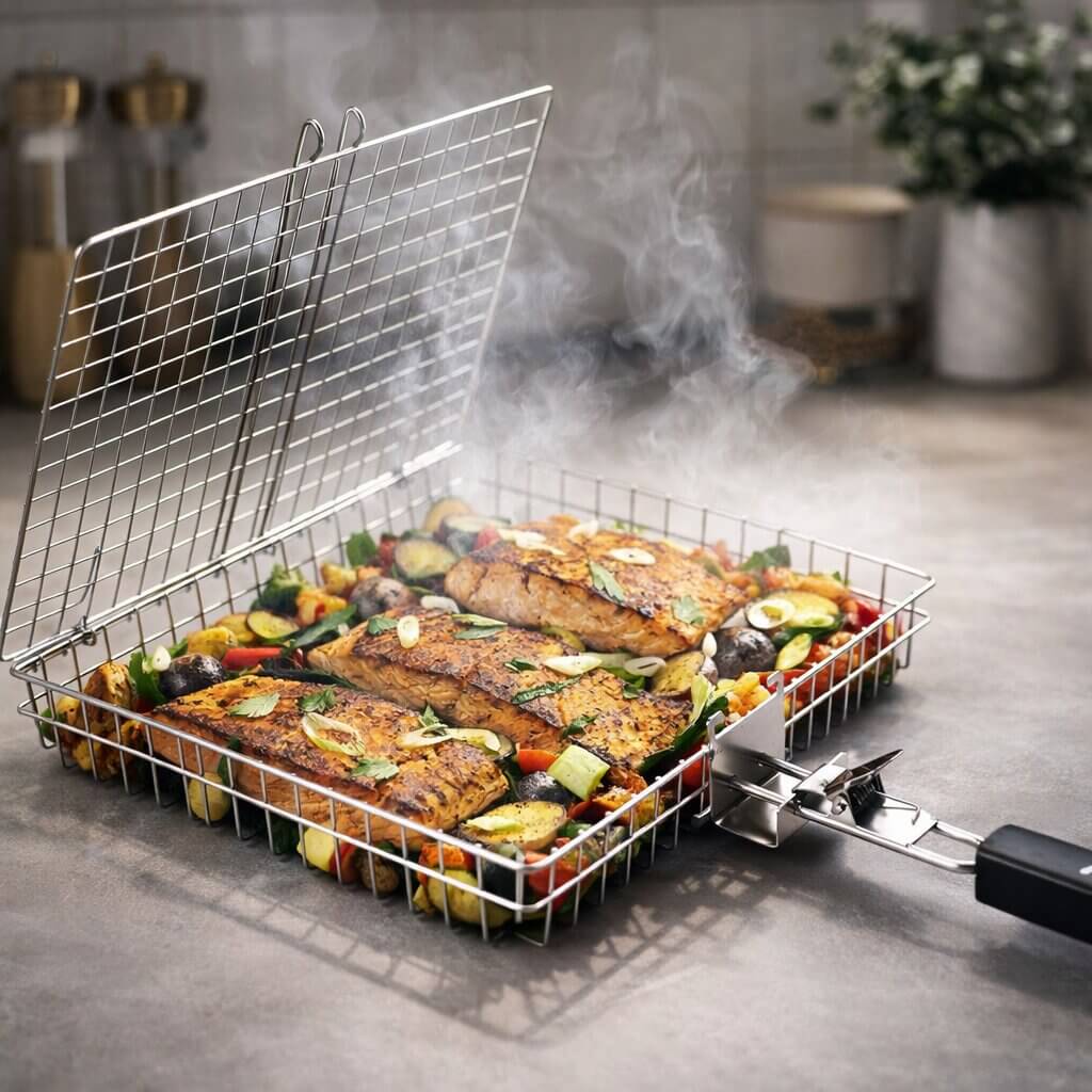 Stainless Steel BBQ Grilling Basket with Even Heat Distribution